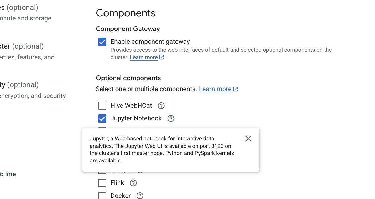 创建 Dataproc Cluster 时的 Jupyter 模组选项